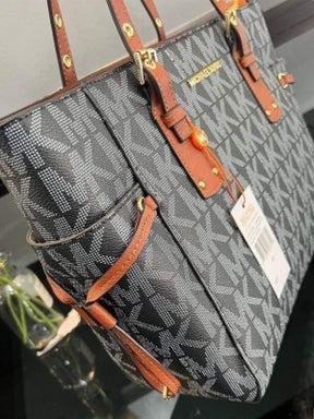 MICHAEL KOR  S VOYAGER JET SET BIG MK PRINT TOTE WITH DUST BAG (BLACK BROWN) (S14)