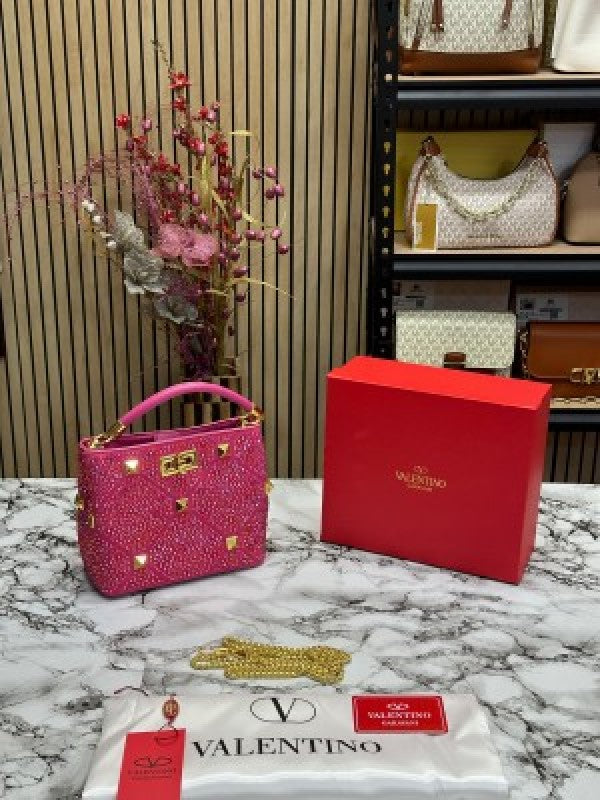 VALENTIN  O RHINESTONE LAVIE HANDBAG WITH BOX CARD DUST BAG (PINK)