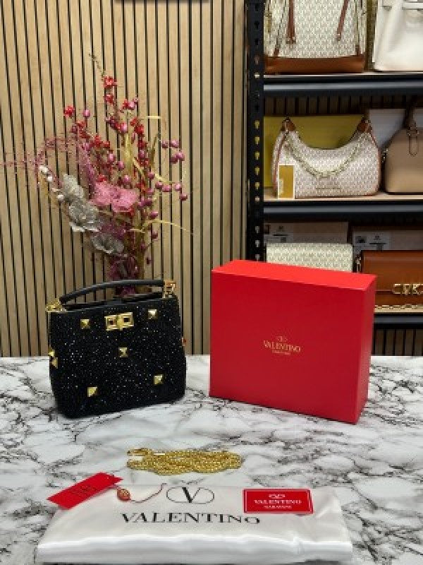 VALENTIN  O RHINESTONE LAVIE HANDBAG WITH BOX CARD DUST BAG (BLACK)