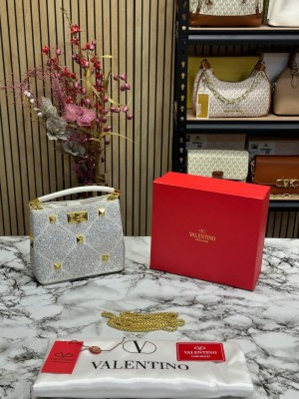 VALENTIN  O RHINESTONE LAVIE HANDBAG WITH BOX CARD DUST BAG (WHITE)
