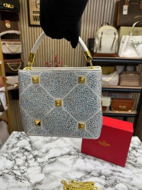 VALENTIN  O RHINESTONE LAVIE HANDBAG WITH BOX CARD DUST BAG (WHITE)
