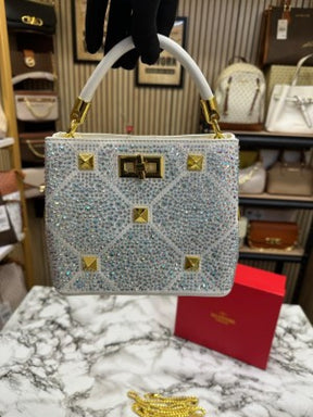 VALENTIN  O RHINESTONE LAVIE HANDBAG WITH BOX CARD DUST BAG (WHITE)