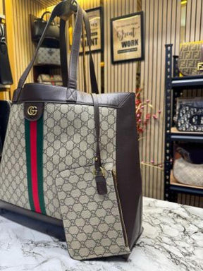 GUCC  I CANVAS LEATHER TOTE WITH POUCH WITH DUST BAG PREMIUM QUALITY