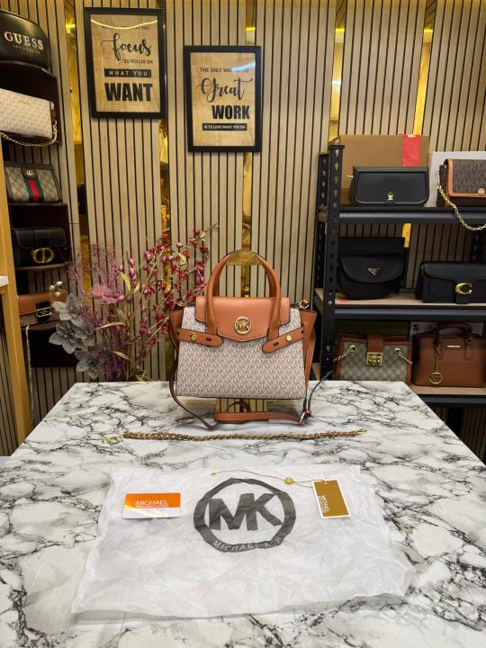 Michael  Kors Signature Carmen Flap Leather Satchel Handbag (Beige)
