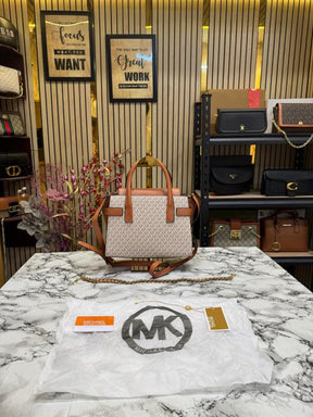 Michael  Kors Signature Carmen Flap Leather Satchel Handbag (Beige)