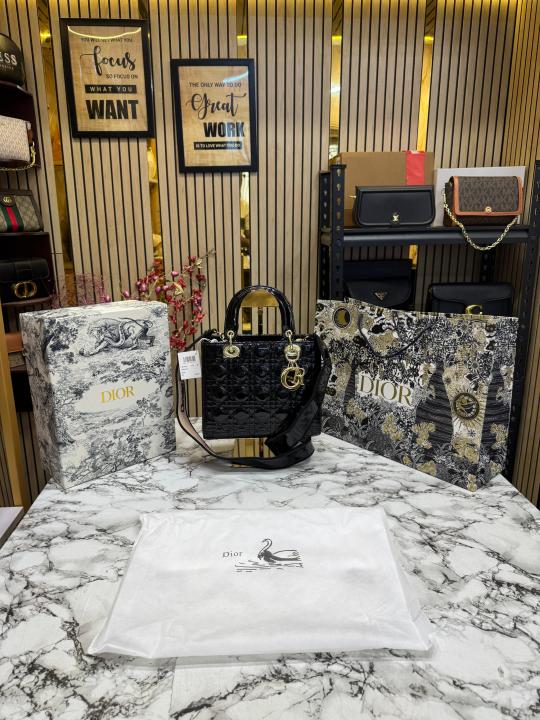 Christian  Dior  Lady  Bag  Glossy  With  Box  And  Dust  Bag  Including  CarryBag  (Black)