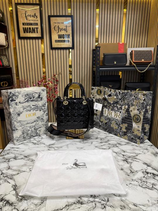 Christian  Dior  Lady  Bag  Glossy  With  Box  And  Dust  Bag  Including  CarryBag  (Black)