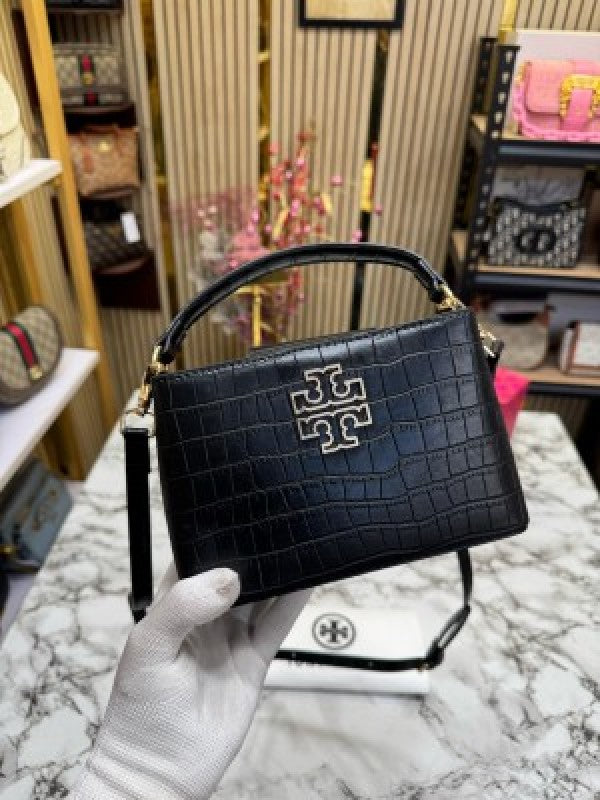TOR  Y BURCH BRITTEN CROCO HANDBAG CROCODILE PRINT WITH OG BOX AND DUST BAG AND SLING (BLACK) (S2)