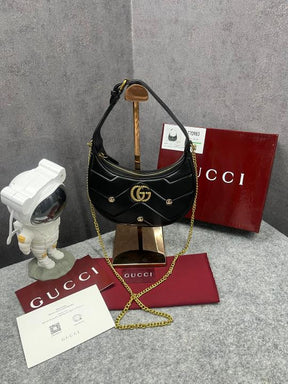 Gucci  GG  Marmont  Half Moon  Shaped  Black  Calfskin  Gold  Hardware  Black  770983  With  OG  Red  Box  &  Dust  Bag