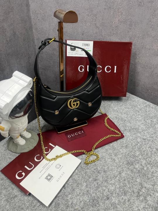 Gucci  GG  Marmont  Half Moon  Shaped  Black  Calfskin  Gold  Hardware  Black  770983  With  OG  Red  Box  &  Dust  Bag