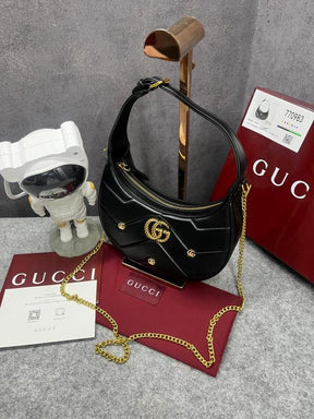 Gucci  GG  Marmont  Half Moon  Shaped  Black  Calfskin  Gold  Hardware  Black  770983  With  OG  Red  Box  &  Dust  Bag