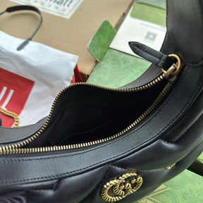 Gucci  GG  Marmont  Half Moon  Shaped  Black  Calfskin  Gold  Hardware  Black  770983  With  OG  Red  Box  &  Dust  Bag