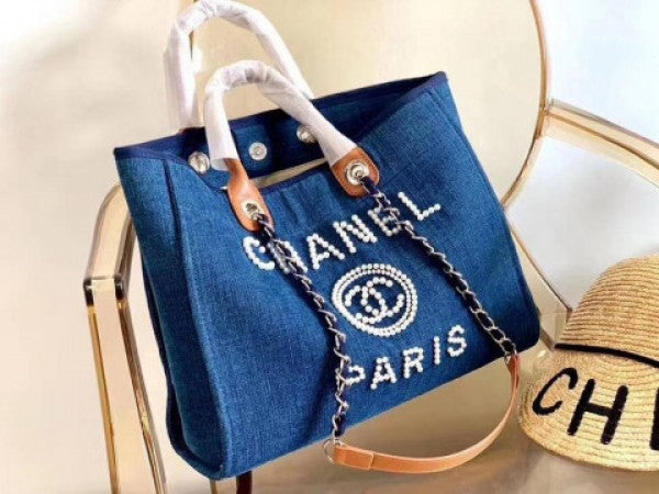 chanel deauville pearl canvas tote bag(966 4 blue)