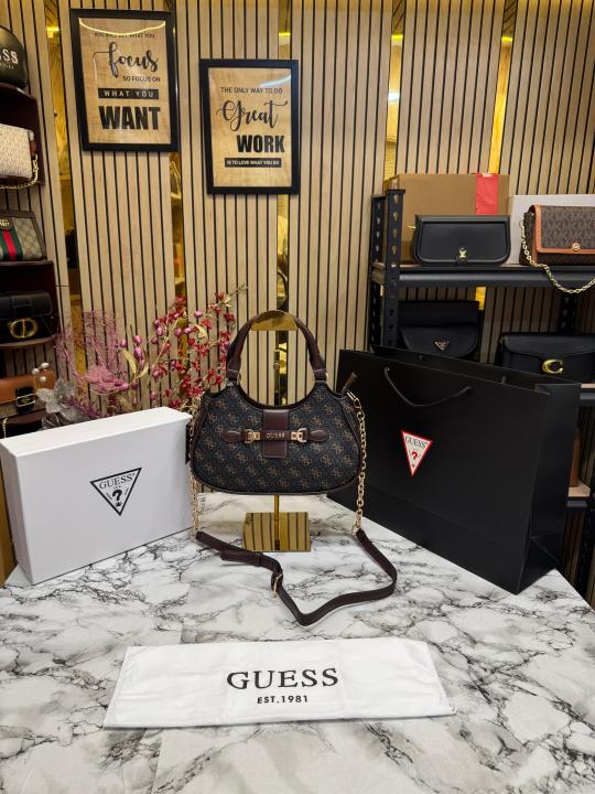 Guess Faux Leather Handbag With Box And Dust Bag Including Carry Bag (Brown)