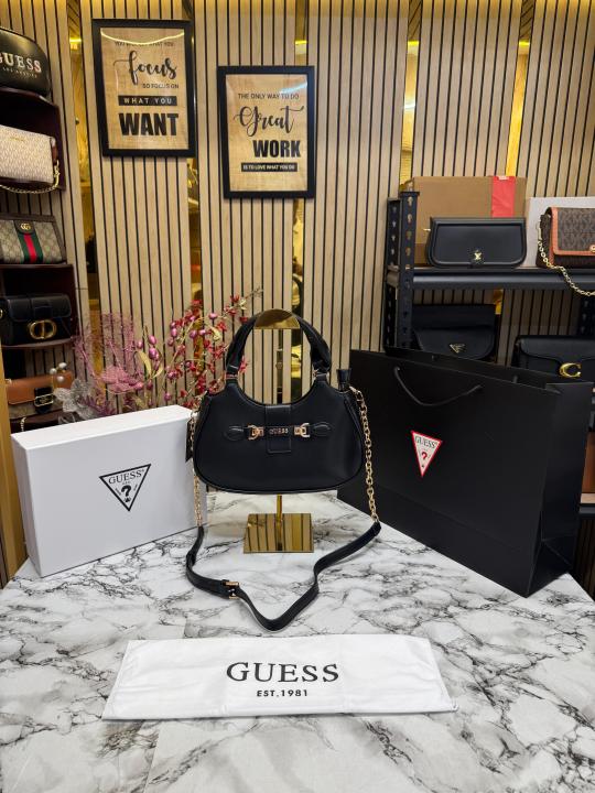 Guess Faux Leather Handbag With Box And Dust Bag Including Carry Bag (Black)