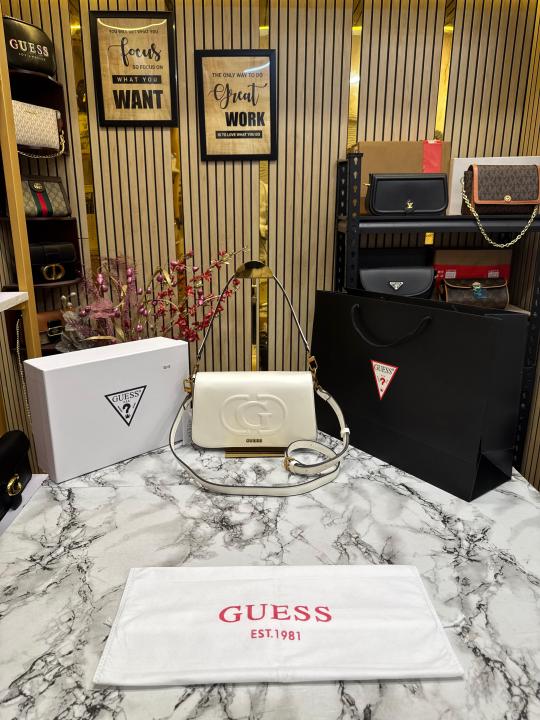 Guess Womens Eco Mietta Flap Shoulder Bag with box and dust bag including carry bag (White)