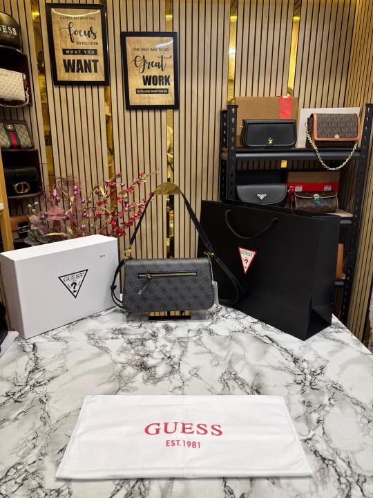 Guess Womens Eco Mietta Flap Shoulder Bag with box and dust bag including carry bag (Black Black)