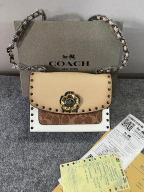 Coach  Parker  Studded  Premium  Shoulder  Bag  With  OG  Box  &  Dust  Bag  (Beige 28032)