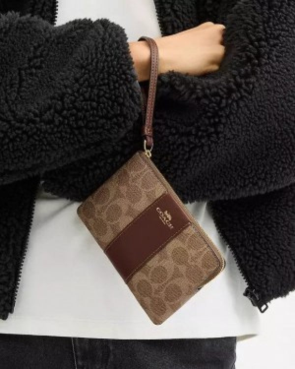 Coach  Corner  Zip  Wristlet  In  Signature  Canvas  With  Brown  Stripe  With  OG  Box  &  Dust  Bag  104