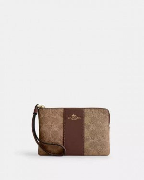Coach  Corner  Zip  Wristlet  In  Signature  Canvas  With  Brown  Stripe  With  OG  Box  &  Dust  Bag  104