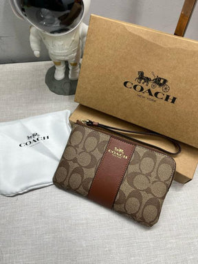Coach  Corner  Zip  Wristlet  In  Signature  Canvas  With  Brown  Stripe  With  OG  Box  &  Dust  Bag  104