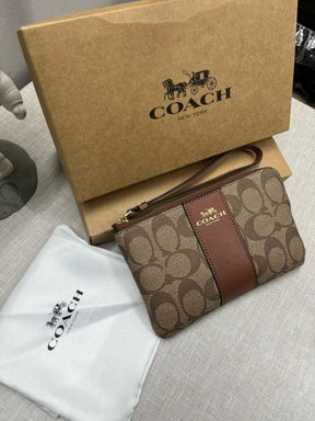 Coach  Corner  Zip  Wristlet  In  Signature  Canvas  With  Brown  Stripe  With  OG  Box  &  Dust  Bag  104