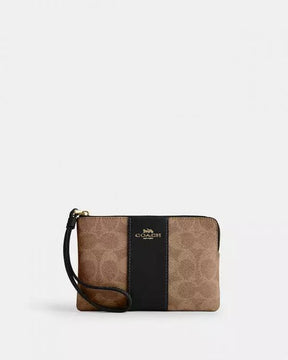 Coach  Corner  Zip  Wristlet  In  Signature  Canvas  With  Black  Stripe  With  OG  Box  &  Dust  Bag  105
