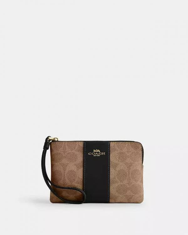 Coach  Corner  Zip  Wristlet  In  Signature  Canvas  With  Black  Stripe  With  OG  Box  &  Dust  Bag  105