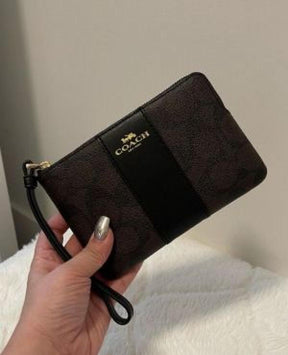 Coach  Corner  Zip  Wristlet  In  Signature  Brown  Canvas  With  Black  Stripe  With  OG  Box  &  Dust  Bag  103