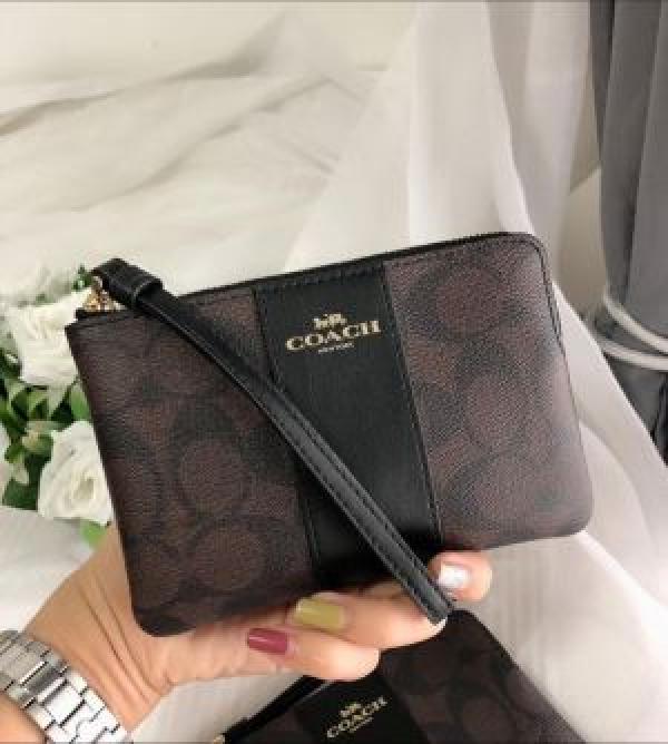 Coach  Corner  Zip  Wristlet  In  Signature  Brown  Canvas  With  Black  Stripe  With  OG  Box  &  Dust  Bag  103