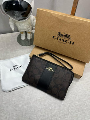 Coach  Corner  Zip  Wristlet  In  Signature  Brown  Canvas  With  Black  Stripe  With  OG  Box  &  Dust  Bag  103