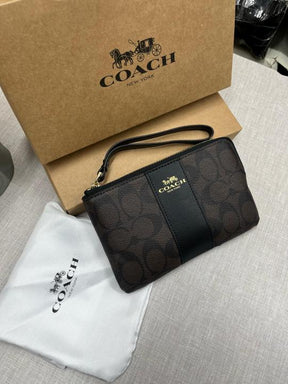 Coach  Corner  Zip  Wristlet  In  Signature  Brown  Canvas  With  Black  Stripe  With  OG  Box  &  Dust  Bag  103