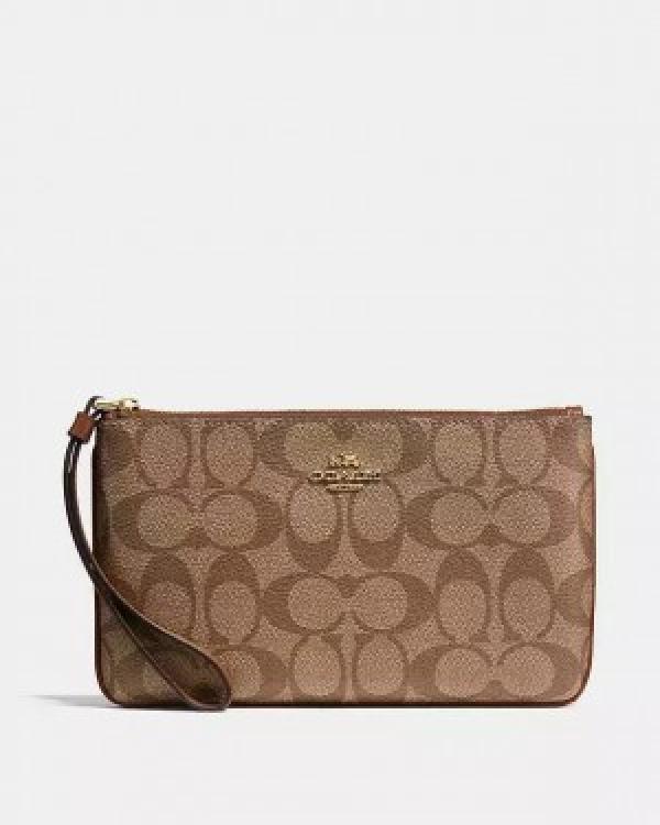 Coach  Corner  Zip  Wristlet  In  Signature  Canvas  With  Brown  With  OG  Box  &  Dust  Bag  102