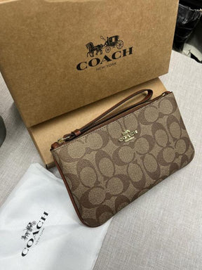 Coach  Corner  Zip  Wristlet  In  Signature  Canvas  With  Brown  With  OG  Box  &  Dust  Bag  102