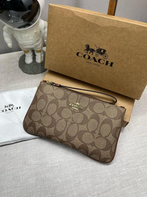 Coach  Corner  Zip  Wristlet  In  Signature  Canvas  With  Brown  With  OG  Box  &  Dust  Bag  102