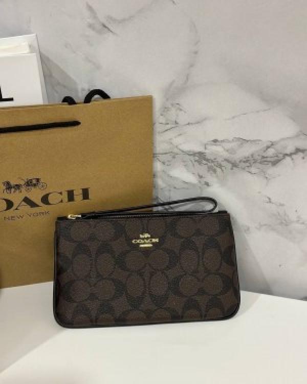 Coach  Corner  Zip  Wristlet  In  Signature  Canvas  With  Brown  With  OG  Box  &  Dust  Bag  101