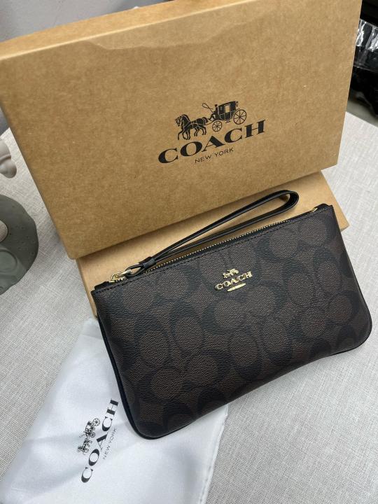 Coach  Corner  Zip  Wristlet  In  Signature  Canvas  With  Brown  With  OG  Box  &  Dust  Bag  101
