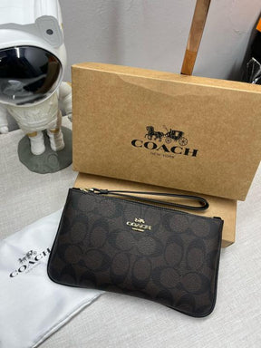 Coach  Corner  Zip  Wristlet  In  Signature  Canvas  With  Brown  With  OG  Box  &  Dust  Bag  101