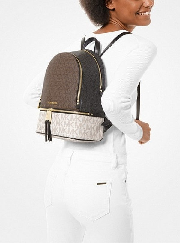Michael  Kors  Rhea  Medium  Color Block  Brown  Logo  Backpack  Brown  With  Dust  Bag  1005