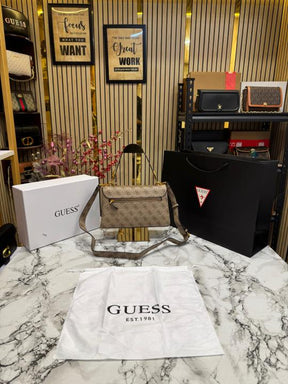 Guess Noelle Crossbody Flap Bag With Box And Dust Bag Including Carry Bag (Khaki)