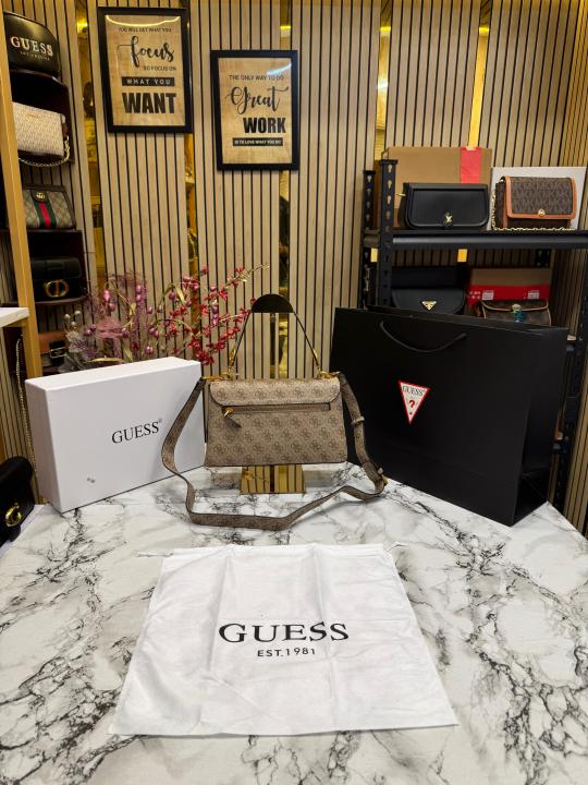Guess Noelle Crossbody Flap Bag With Box And Dust Bag Including Carry Bag (Khaki)