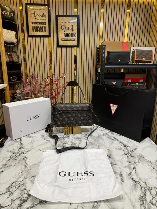 Guess Noelle Crossbody Flap Bag With Box And Dust Bag Including Carry Bag (Brown)