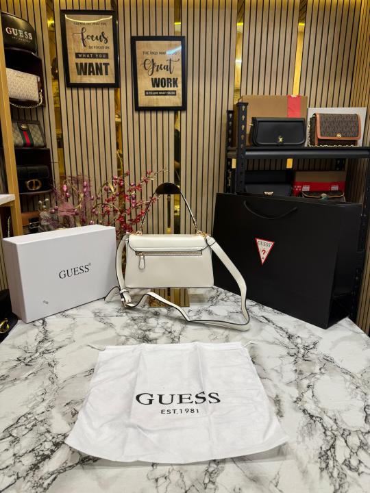 Guess Noelle Crossbody Flap Bag With Box And Dust Bag Including Carry Bag (White)