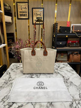Chane  l Deauville Tote Canvas with Pearl Logo Handbag With Dust Bag (Beige)