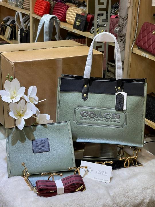 Coach  Field  Tote  30  Authenic  Black  Canvas  Olive  Leather  With  Pouch  OG  Box  &  Dust  Bag  6739  Olive