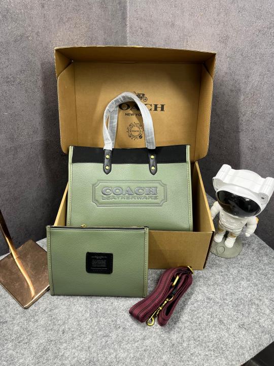 Coach  Field  Tote  30  Authenic  Black  Canvas  Olive  Leather  With  Pouch  OG  Box  &  Dust  Bag  6739  Olive