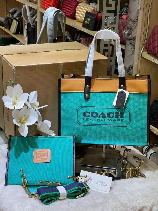 Coach  Field  Tote  30  Authenic  Green  Canvas    Leather  With  Pouch  OG  Box  &  Dust  Bag  6739  Green