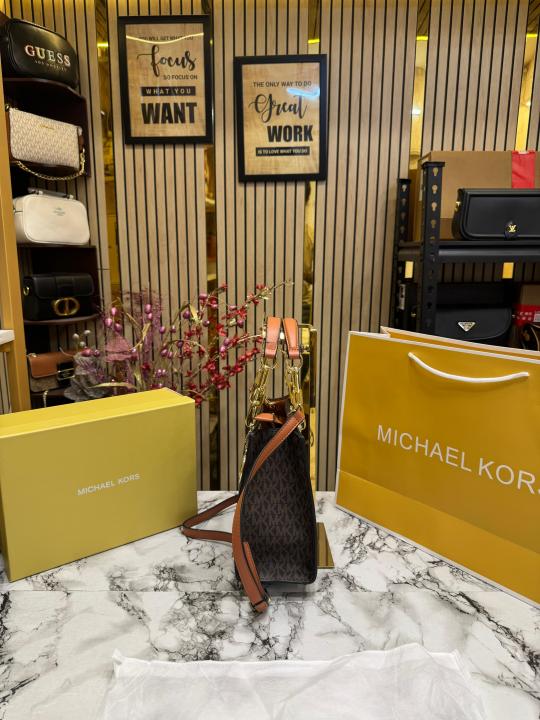 Michael  Kors Cynthia Signature Logo Satchel Bag With Box And Dust Bag Including Carry Bag (Brown)