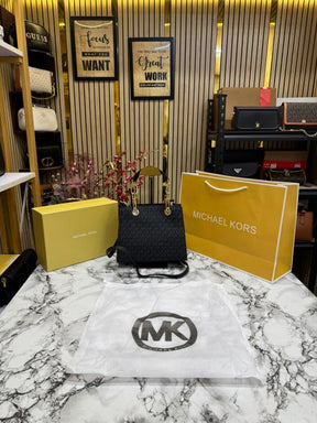 Michael  Kors Cynthia Signature Logo Satchel Bag With Box And Dust Bag Including Carry Bag (Black)