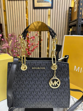 Michael  Kors Cynthia Signature Logo Satchel Bag With Box And Dust Bag Including Carry Bag (Black)